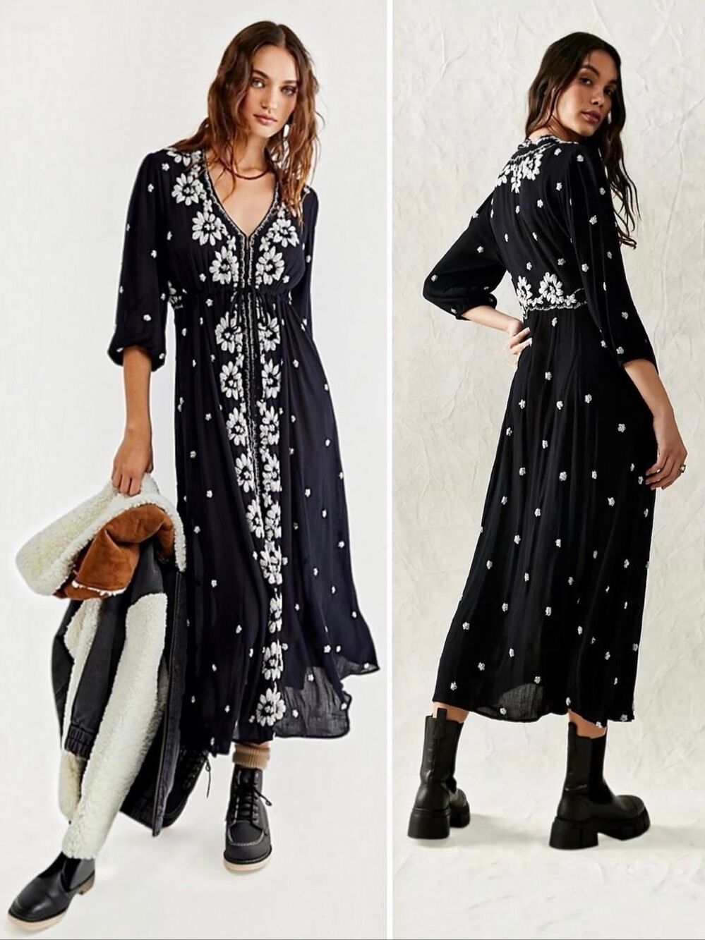 Free People Embroidered Fable Maxi Dress M Black White Floral Boho V Neck - Picture 2 of 16